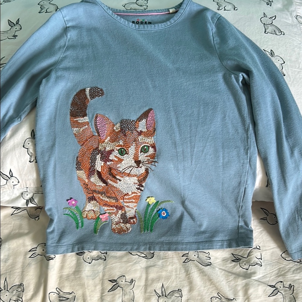 Mini Boden Blue Cat Illustration T-Shirt